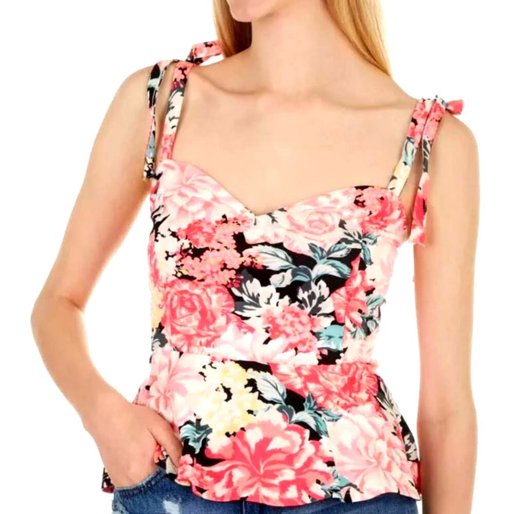 Meraki Smocked Womens Pink Floral Flared Hem Tie Straps Top Blouse Shirt NEW Lar